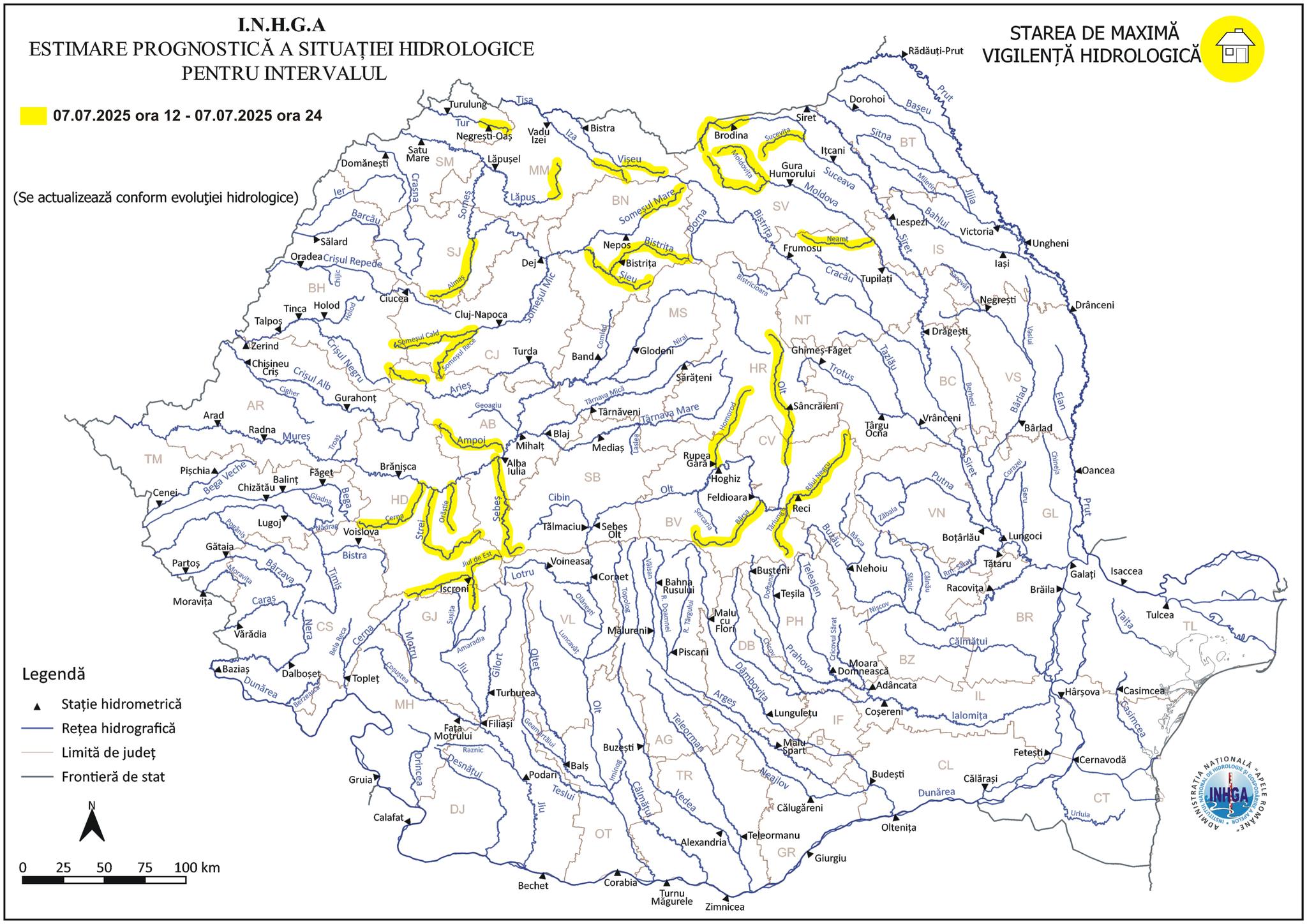 Atenționare hidrologică de Cod Galben – risc de viituri și inundații locale în mai multe județe