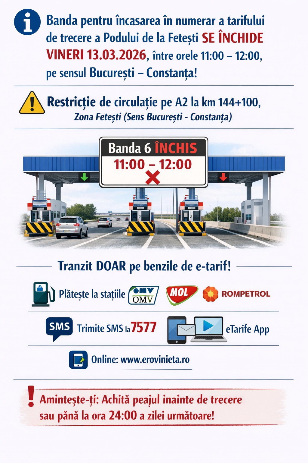 Restricții pe Autostrada Soarelui: banda de plată în numerar de la Fetești se închide temporar
