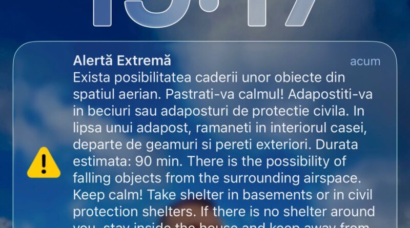 RO-Alert în nordul județului Tulcea: avertizare privind posibile obiecte căzute din spațiul aerian