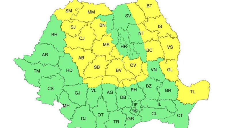 Cod galben de vânt puternic în mai multe regiuni ale țării