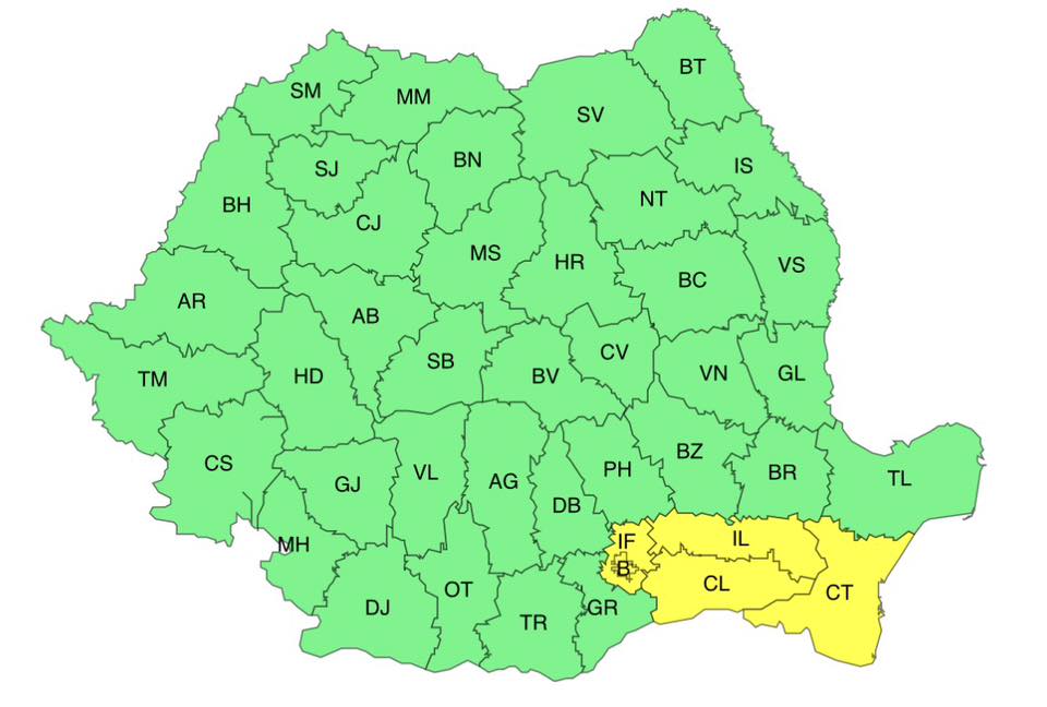 Cod galben de ploi torențiale în Constanța și alte județe din sud-estul țării