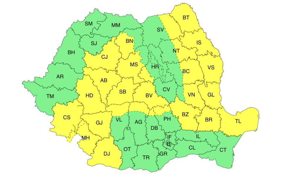 Cod galben de vânt puternic în mai multe regiuni din țară