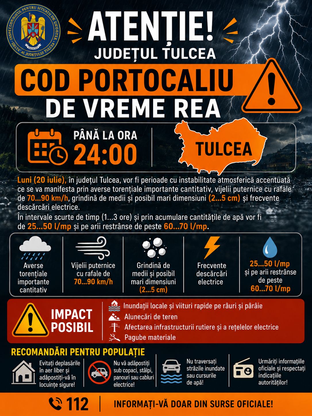 Cod portocaliu de furtuni în Tulcea. ANM avertizează asupra vijeliilor puternice, grindinei și ploilor torențiale