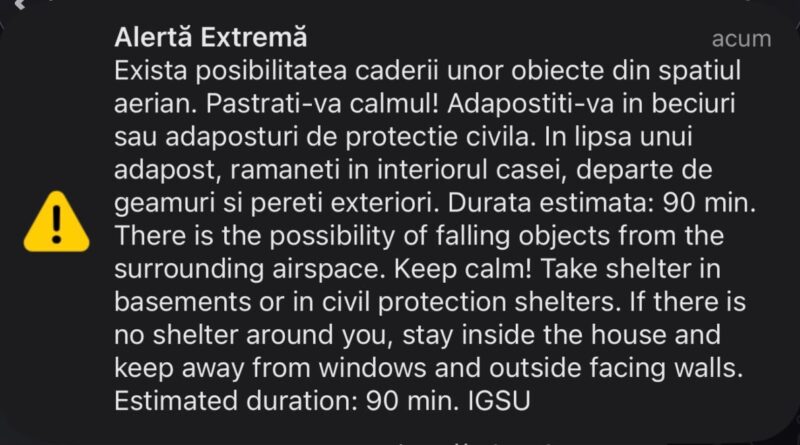 RO-ALERT în nordul județului Tulcea. Populația, avertizată cu privire la posibila cădere a unor obiecte din spațiul aerian