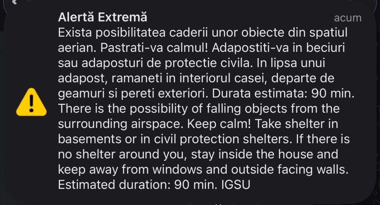 RO-ALERT în nordul județului Tulcea. Populația, avertizată cu privire la posibila cădere a unor obiecte din spațiul aerian