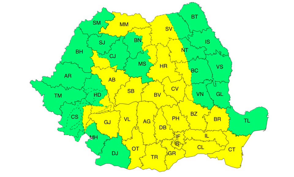 Cod galben de furtuni în mai multe zone din țară. Ploi torențiale, vijelii și grindină