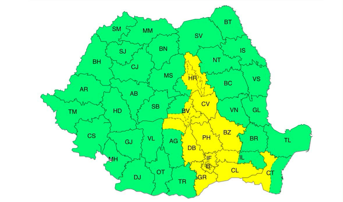 Cod galben de furtuni emis de ANM. Ploi torențiale, vijelii și grindină în mai multe zone din țară