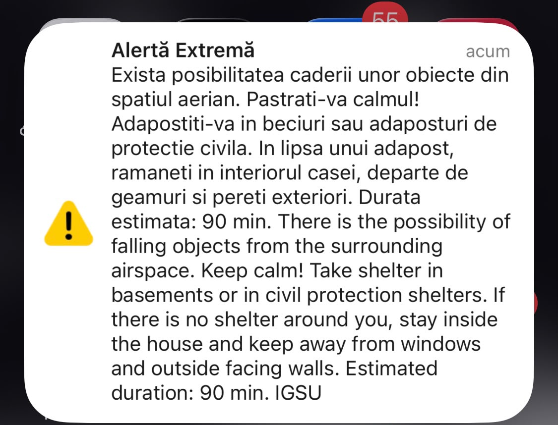 Mesaj RO-Alert: „Există posibilitatea căderii unor obiecte din spațiul aerian”